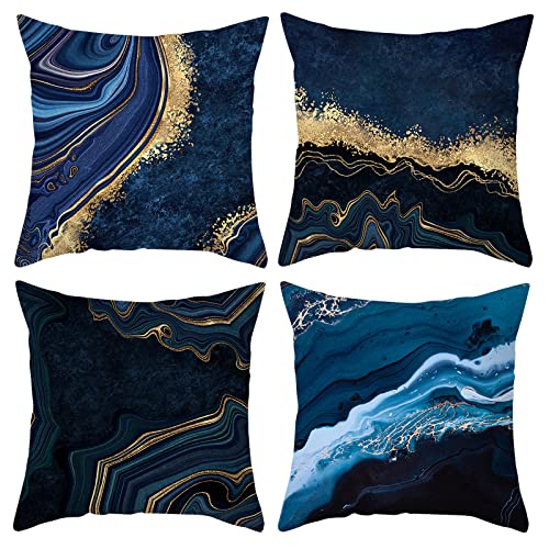 HOSTECCO Blaue und goldene Kissenbezüge, Set mit 4 marineblauen abstrakten Kissenbezügen, quadratisch, dekorative Kissenbezüge für Sofa, Couch, Zuhause, 45 x 45 cm von HOSTECCO