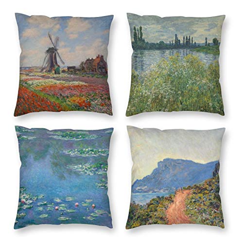 HOSTECCO Claude Monet Kissenbezüge Set mit 4 Bauernhaus-Kissenbezügen, quadratisch, dekorative Kissenbezüge, 40 x 40 cm von HOSTECCO