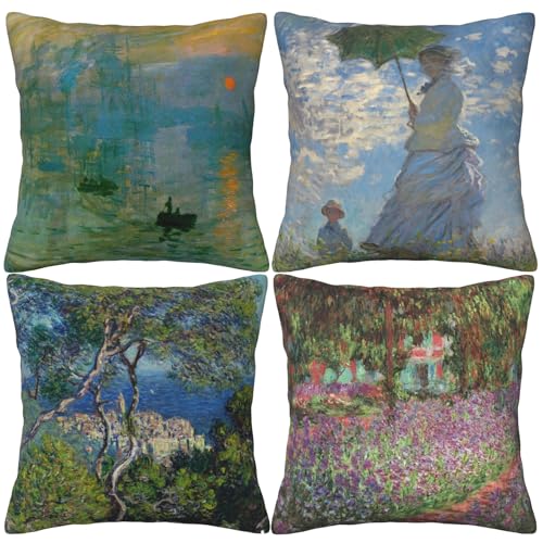 HOSTECCO Claude Monet Kissenbezüge, Impressionisten, quadratisch, dekorative Kissenbezüge für berühmte Maler-Fans, 40 x 40 cm, 4 Stück von HOSTECCO