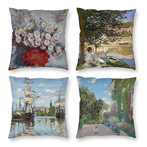 HOSTECCO Claude Monet Kissenbezug 4er Set Bauernhaus Kissenbezüge Quadratisch Dekorative Kissenbezüge 45x45 cm von HOSTECCO