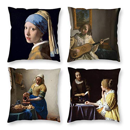 HOSTECCO Dekorative Kissenbezüge 4 Stück Vermeer Malerei Mädchen mit einem Perlenohrring Kissenbezüge für Sofa Couch 40x40cm von HOSTECCO