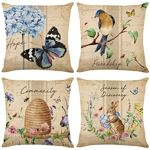 HOSTECCO Frühling Ostern Kissenbezüge 45x45 cm 4er Set Hase Blumen Kissenbezüge Vintage Schmetterling Dekorative Kissenbezüge für Couch Bett von HOSTECCO