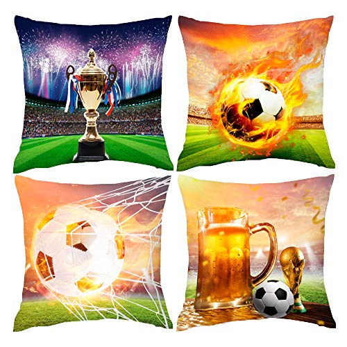 HOSTECCO Fußball-Kissenbezüge 4er Pack Bierfußballbecher Dekorative Kissenbezüge für Sofa Couch Auto 30x30cm von HOSTECCO