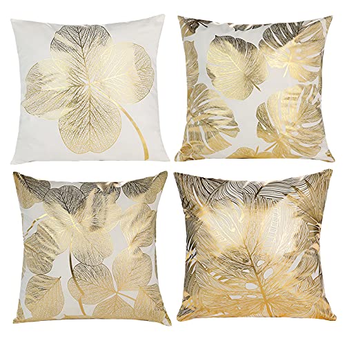 HOSTECCO Gold Kissenbezüge 4 Stück Goldene Blätter Kissenbezüge Quadratisch Dekorative Throw Kissenbezüge für Sofa Couch 45x45cm von HOSTECCO