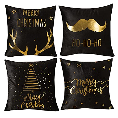 HOSTECCO Gold und Schwarz Kissenbezüge 4 Stück Merry Christmas Kissenbezüge Quadratisch Dekorative Throw Kissenbezüge für Sofa Couch 45x45cm von HOSTECCO