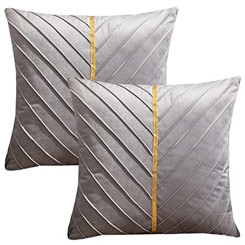 HOSTECCO Grau Samt Kissenbezüge 2er Set Gold Patchwork Kissenbezüge Luxus Texturiert Dekorative Kissenbezüge für Sofa Wohnzimmer von HOSTECCO