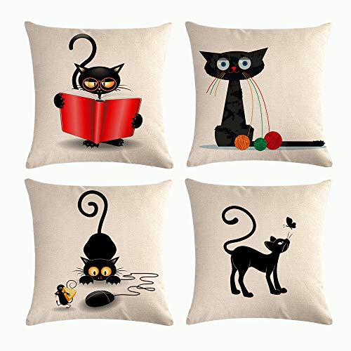 HOSTECCO Katzen-Kissenbezüge, 4 Stück, quadratisch, dekorative Leinen-Kissenbezüge für Sofa, Couch, Terrasse, doppelseitig, bedruckt, 45 x 45 cm von HOSTECCO