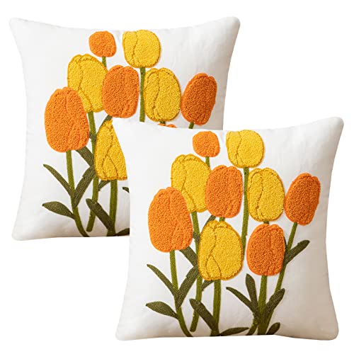 HOSTECCO Kissenbezüge, bestickt, Blumenmuster, 45,7 x 45,7 cm, 2 Stück, Frühlingsblumen-Kissenbezüge, orange und gelbe Tulpen, dekorative Kissenbezüge für Couch, Wohnzimmer von HOSTECCO