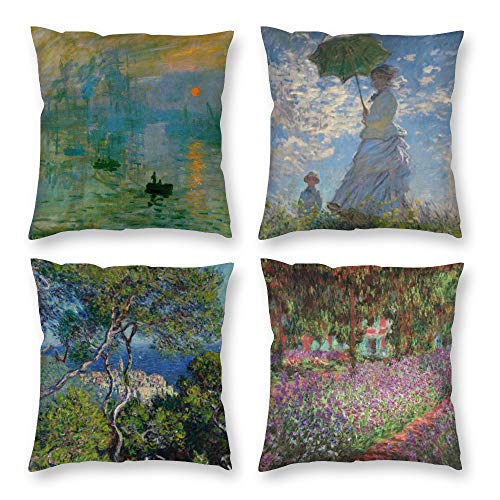 HOSTECCO Claude Monet Kissenbezüge, Set mit 4 Stück, Sonnenaufgang der Impression, quadratisch, dekorativer Samt-Kissenbezüge für Sofa, Couch, 45,7 x 45,7 cm von HOSTECCO