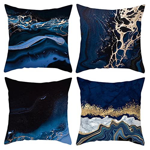 HOSTECCO Marineblaue Dekokissenbezüge, 45 x 45 cm, 4 Stück, Blau und Gold, dekorative Kissenbezüge, abstrakte Marmor-Kissenbezüge für Sofa, Couch von HOSTECCO