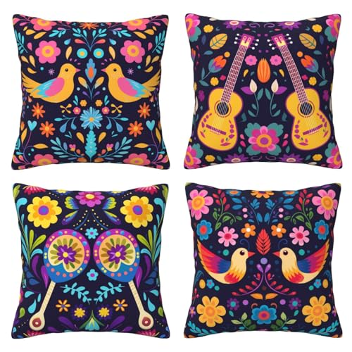 HOSTECCO Mexikanische Kissenbezüge 45x45 cm 4er Set Ethno Vogel Blumen Kissenbezüge Gitarre Dekorative Kissenbezüge für Sofa Couch von HOSTECCO