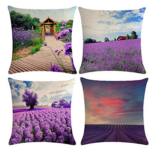 HOSTECCO Natürliche Landschaft Kissenbezüge Romantische Provence Frankreich Lavendel Blume Dekorative Kissenbezüge Quadratisch Leinen Überwurf Kissenbezüge Set von 4 45,7 x 45,7 cm von HOSTECCO