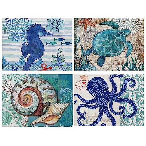 HOSTECCO Tischsets aus Leinen, wasserdicht, Meeresorganismus, Meerespferdchen, Schildkröte, Muschel, Oktopus, Tischmatten für Esstisch, 42 x 32 cm, 4 Stück von HOSTECCO