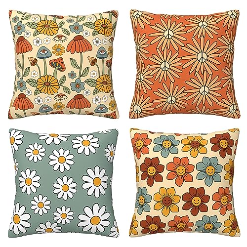 HOSTECCO Retro 70er Jahre Wurfkissenbezüge 45,7 x 45,7 cm Set mit 4 kühnen Blumen Pilz Kissenbezüge Groovy Boho Hippie Dekorative Kissenbezüge für Sofa Wohnzimmer von HOSTECCO