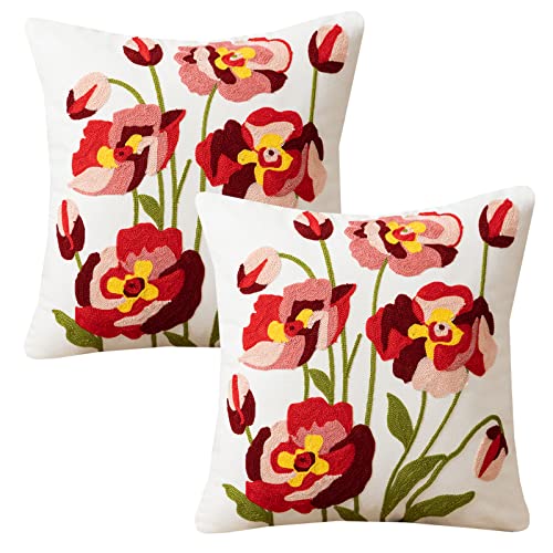 HOSTECCO Rote Blumen Kissenbezüge 45x45 cm 2er Set Stickerei Kissenbezüge Vintage Blume Dekorative Kissenbezüge für Couch Wohnzimmer von HOSTECCO