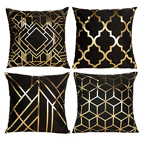 HOSTECCO 4 Kissenbezüge, geometrische Kissenbezüge, quadratisch, dekorativ, für Sofa, Couch, Outdoor, 45 x 45 cm, Schwarz und Gold von HOSTECCO