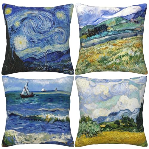 HOSTECCO Van Gogh Kissenbezüge, abstraktes Kunst-Design, quadratisch, dekorativ, für Sofa, Couch, 40 x 40 cm, 4 Stück von HOSTECCO