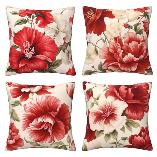 HOSTECCO Zierkissenbezüge mit Mohnblumen, 45,7 x 45,7 cm, 4 Stück, rote Blume, Chinoiserie, dekorative Kissenbezüge für Sofa, Wohnzimmer, H-DHSFP-S4 von HOSTECCO