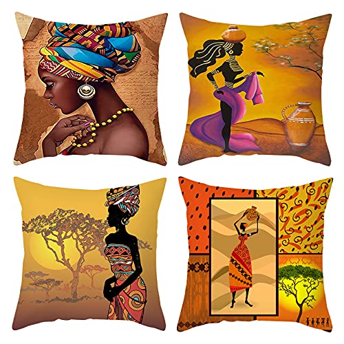 Schwarze Frauen-Kissenbezüge, 4er-Set, afrikanische Ethno-Kissenbezüge, moderne Kunst, quadratisch, dekorative Kissenbezüge für Sofa, Couch, 45,7 x 45,7 cm von HOSTECCO