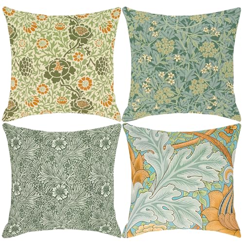 HOSTECCO William Morris Kissenbezüge 45 x 45 cm, 4 Stück, Jasmin-Ringelblume, Blumenmuster, quadratisch, dekorative Leinen-Kissenbezüge für Sofa, Couch, Büro.. von HOSTECCO