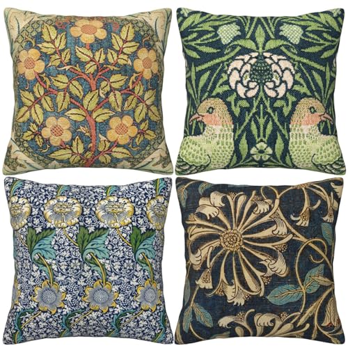 HOSTECCO William Morris Kissenbezüge 45x45cm 4er Set Geißblatt Rose Kranz Muster Blumen Kissenbezüge Quadratisch Dekorative Kissenbezüge für Sofa Couch von HOSTECCO