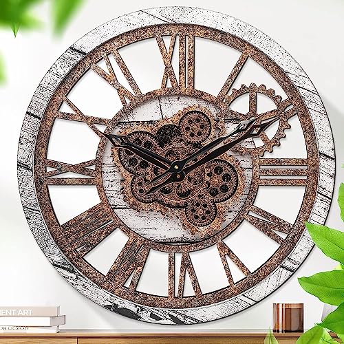 Große Wanduhr, Wanduhr für Wohnzimmerdekoration, Real Moving Gears Wanduhr, Moderne Vintage-Retro-Industrieuhren für Heimdekoration, Wohnzimmer, Küche, Büro, Schule (Grau Holz,18 Inches) von HOSTON