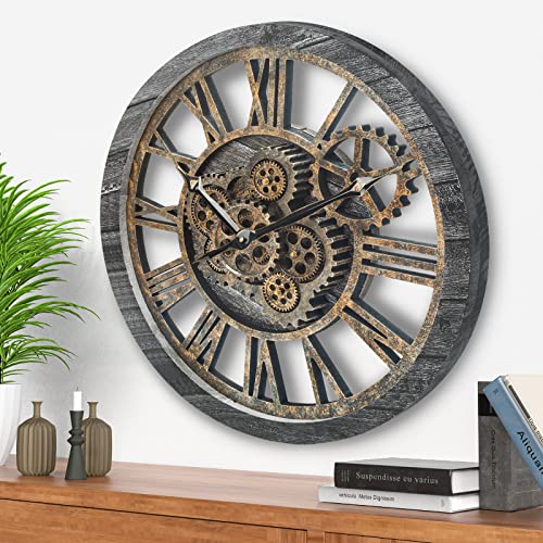 Große Wanduhr, Wanduhr für Wohnzimmerdekoration, Real Moving Gears Wanduhr, Moderne Vintage-Retro-Industrieuhren für Heimdekoration (Industrielles Mitternachtsgrau mit Bronzezahnrädern,18 INCH) von HOSTON