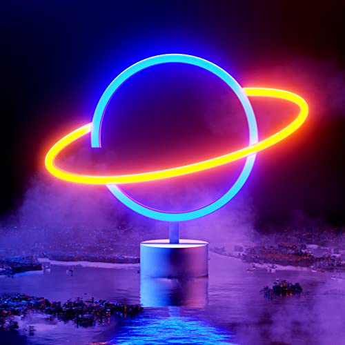 HOSYMO Planet Neon Sign, LED Neon Light Leuchtreklame mit Ständer, Batterie oder USB Betrieben, Saturn Neon Schild Licht Deko für Party, Bar, Schlafzimmer, Weihnachten von HOSYMO