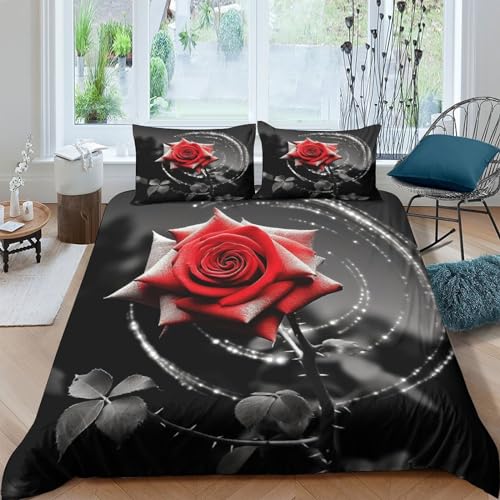 HOTGE 3 Stück Rote Rosen Bettbezug 3D Gedruckt Romantisch Bettwäsche Set Kissenbezüge,Versteckter Reißverschluss,Mikrofaser Steppdeckenbezug Double（200x200cm） von HOTGE