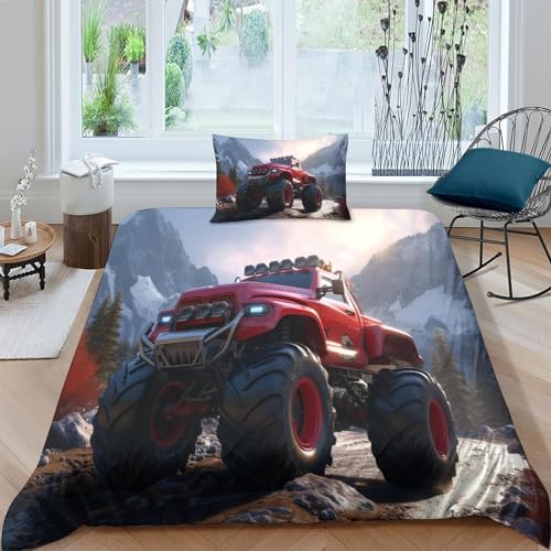 HOTGE 3D Gedruckter Bigfoot Auto Kinderbettwäsche Single（135x200cm）+Kissenbezug Jungen Lastwagen Bettwäsche Deckung Set Mit Reißverschluss Weich Mikrofaserbettwäsche von HOTGE