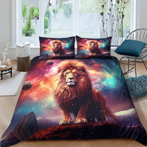 HOTGE Bettdecken 3D Löwe Bettbezug Set,Wildtiere Bettwäsche Set 3 Teilig Bettbezüge Mikrofaser Bettbezug Mit Reißverschluss Und Kissenbezug Double（200x200cm） von HOTGE