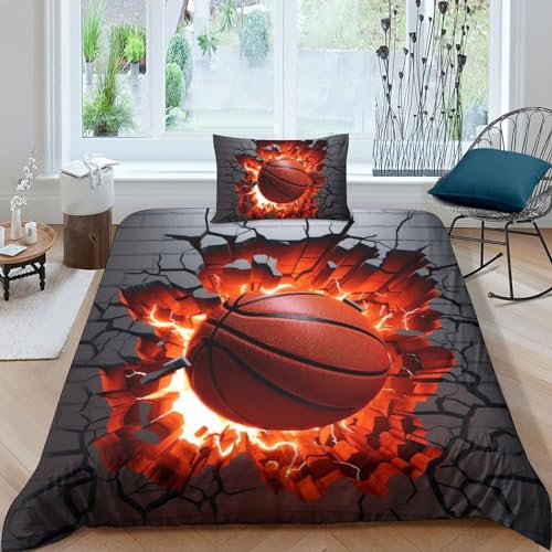 HOTGE Bettwäsche 3D Basketball Bettbezug Set,Sportfan Bettwäsche Set 3 Teilig Bettbezüge Mikrofaser Bettbezug Mit Reißverschluss Und Kissenbezug Geeignet Für Kinder Single（135x200cm） von HOTGE