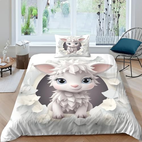 HOTGE Bettwäsche 3D Niedliches Schaf Bettbezug Set,Cartoon-Tiere Bettwäsche Set 3 Teilig Bettbezüge Mikrofaser Bettbezug Mit Reißverschluss Und Kissenbezug Geeignet Für Kinder Single（135x200cm） von HOTGE