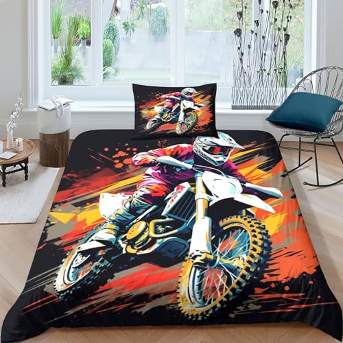 HOTGE Bettwäsche Motocross 3D Extremsportarten Thema Bettbezug Weich Mikrofaser Mit Reißverschluss Und Kissenbezug Heimtextilien Für Jungen Und Mädchen Single（135x200cm） von HOTGE