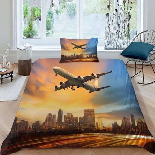 HOTGE Cartoon-Flugzeug Bettwäsche Bettbezug-Set Mikrofaser, Bettbezug Reißverschluss Und Kissenbezug Für Schlafzimmer, Weiche Bequemer Single（135x200cm） von HOTGE