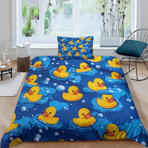 HOTGE Ente Bettwäsche Single（135x200cm） 3D Motiv Zeichentrickfilm Blau Bettbezug Set Blätter Kinder Microfaser Bettbezüge Und Kissenbezüge Mit Reißverschluss von HOTGE