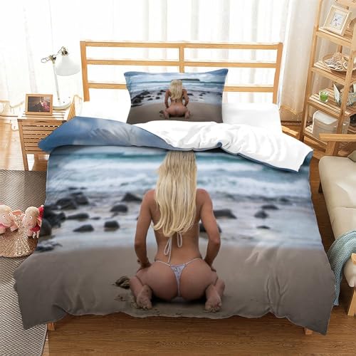 HOTGE Strand-Schönheit Bettwäsche Single（135x200cm） 3D Motiv Sexy Frauen Bettbezug Set Blätter Erwachsene Microfaser Bettbezüge Und Kissenbezüge Mit Reißverschluss von HOTGE