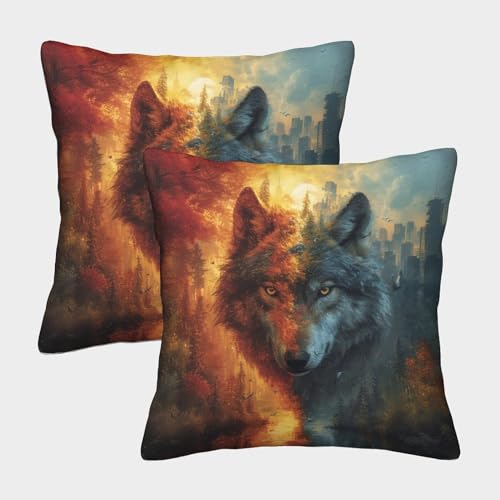 HOTGE Wolf Weicher Kissenbezug Mit Reißverschluss, 2er Pack, Perfekt Für Office Cushion Und Seasonal Decor, Waschbar 40x40cm von HOTGE