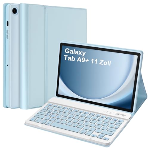 Tastatur Hülle für Samsung Galaxy Tab А9+ 11 Zoll 2023(SM-X210/X215/X216B), Schutzhülle mit Automatischer Schlaf- und Weckfunktion, Magnetisch Abnehmbarer Tastatur mit QWERTZ Layout (Hellblau) von HOTLIFE
