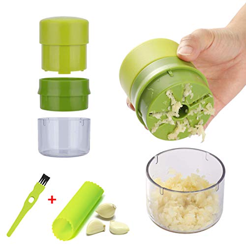 HOTLIKE Knoblauchpresse, 3Pcs Set Knoblauchschneider mit Silikon Knoblauchschäler & Reinigungsbürste, Garlic Press, Küchenhilfe Leicht zu Reinigen, Mühelos Pressen Sie Knoblauch, Ingwer, Nüsse (Grün) von HOTLIKE