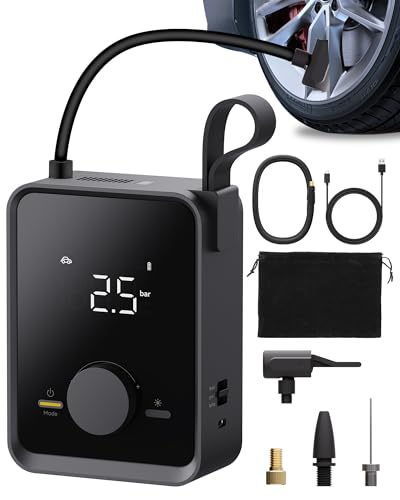 HOTO Elektrische Luftpumpe Pro 120PSI Akku Luftpumpe Fahrrad, Mini Kompressor mit 7500mAh Akku, Wiederaufladbarer Fahrradpumpe Elektrisch mit Digitale Anzeige LED Licht 5 Modi für Auto Motorrad Bälle von HOTO