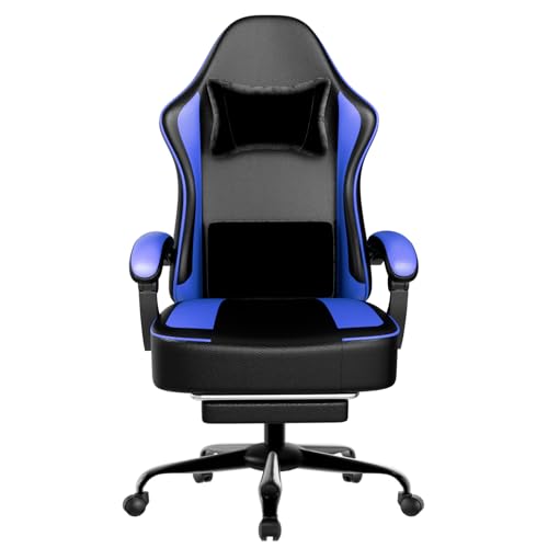 HOTOSYCH Gaming Stuhl mit Taschenfedern und Fußstütze, Ergonomischer Gaming Sessel, Atmungsaktiver Gamer Stuhl aus PU-Leder, Bürostuhl mit Verstellbarer Kopfstütze und Lendenwirbelstütze (Blau) von HOTOSYCH