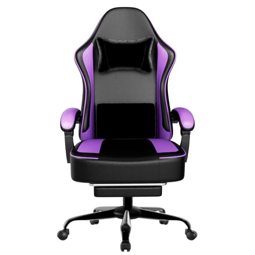 HOTOSYCH Gaming Stuhl mit Taschenfedern und Fußstütze, Ergonomischer Gaming Sessel, Atmungsaktiver Gamer Stuhl aus PU-Leder, Bürostuhl mit Verstellbarer Kopfstütze und Lendenwirbelstütze (Violett) von HOTOSYCH