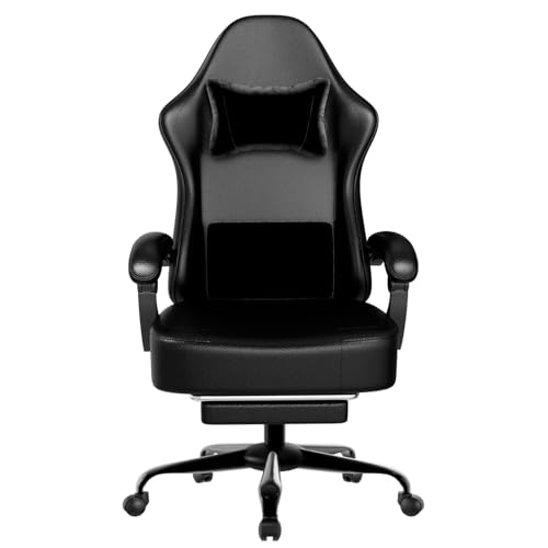 HOTOSYCH Gaming Stuhl mit Taschenfedern und Fußstütze, Ergonomischer Gaming Sessel, Atmungsaktiver Gamer Stuhl aus PU-Leder, Bürostuhl mit Verstellbarer Kopfstütze und Lendenwirbelstütze (Schwarz) von HOTOSYCH