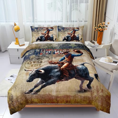 HOTRCR 3-teiliges Bettwäscheset mit Cowboy-Motiv "Rodeo", Vintage-Western-Bettwäsche-Set für Erwachsene, Schlafzimmer- oder Raumdekoration, Ganzjahres-Mikrofaser-Steppdecke mit 2 Kissenbezügen für von HOTRCR