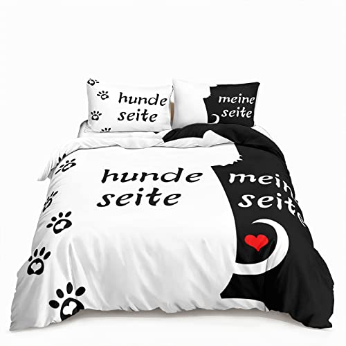 HOTRCR Bettwäsche Hundeseite Meine Seite Schwarz Weiß Romantische Bettwäsche für Paare 3teilig Bettbezug bettwäsche 135 * 200cm DEW08 von HOTRCR