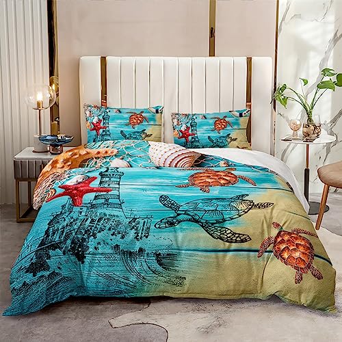 HOTRCR Turtle Bedding Bettwäsche-Set nadruk 3D zestaw pościeli ze zwierzętami morskimi, niebieski, piękny wzór kwiatowy, poszewka NA kołdrę, bettwäsche 155 * 220cm,80 * 80 cm*2 EFBTTAI053 von HOTRCR