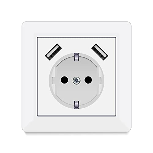 Steckdosen mit USB, (max. 5 V 3,4 A) Schuko-Steckdose USB Embedded System 55 reinweiß glänzend Wandsteckdose Steckdose nur 32 mm von HOTREALS