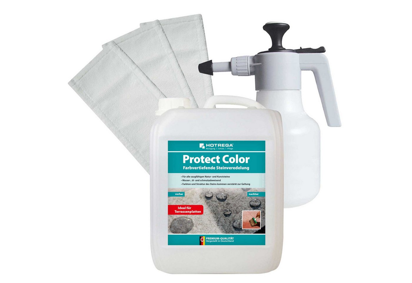 HOTREGA® Steinimprägnierung Protect Color farbvertiefend 5L + Druckspritze Mopp Naturstein-Imprägnierung von HOTREGA®