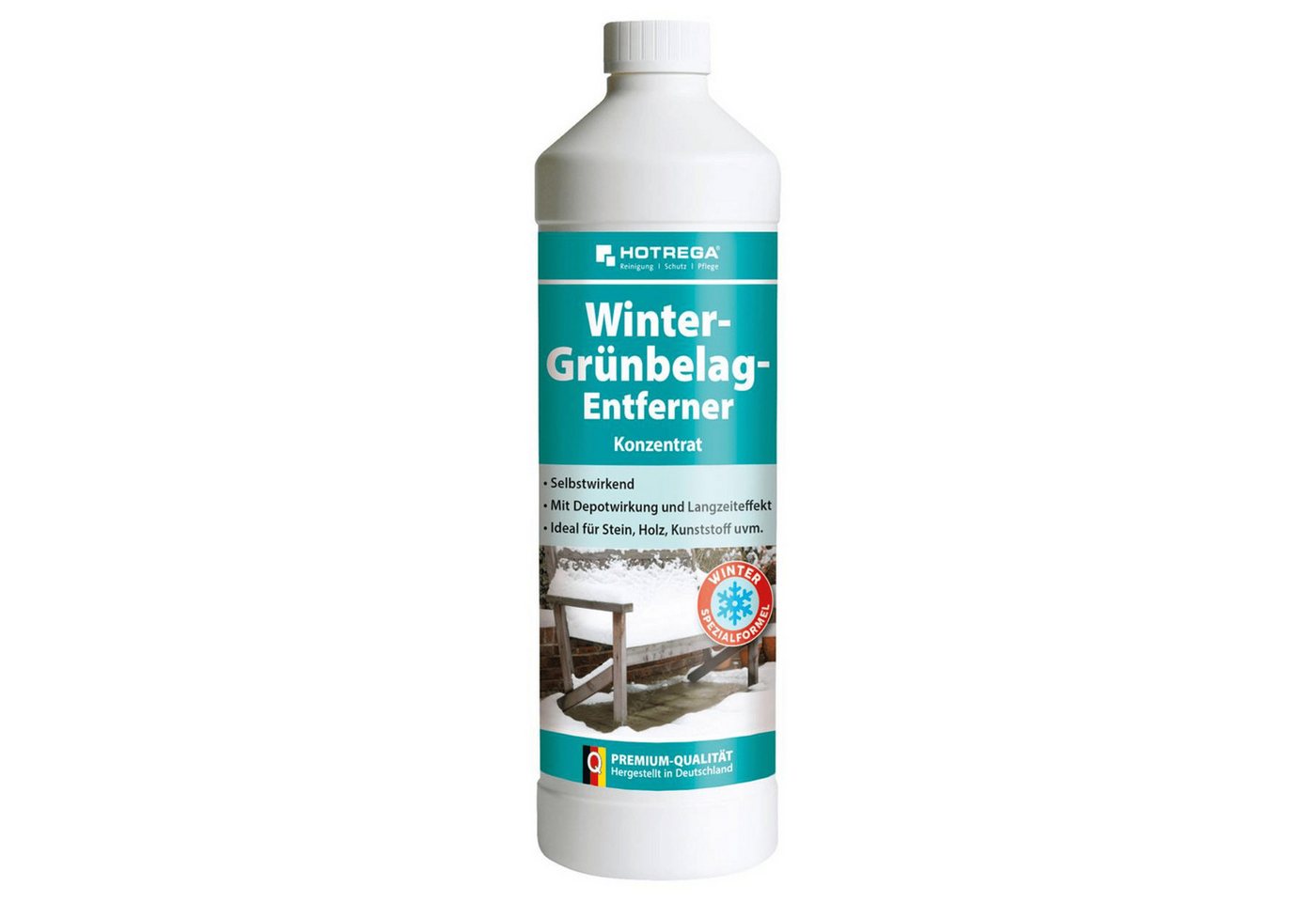 HOTREGA® Winter-Grünbelag-Entferner 1 Liter Grünbelagentferner (1:10 Super-Konzentrat Selbstwirkend & ergiebig bei Kälte für Stein, Holz & Kunststoff) von HOTREGA®